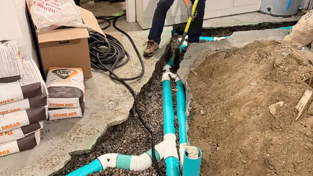 Two Tornado Plumbing technicians in a basement with the concrete floor cut open, new green PVC drain lines and wye fittings laid in a gravel trench beside a water heater